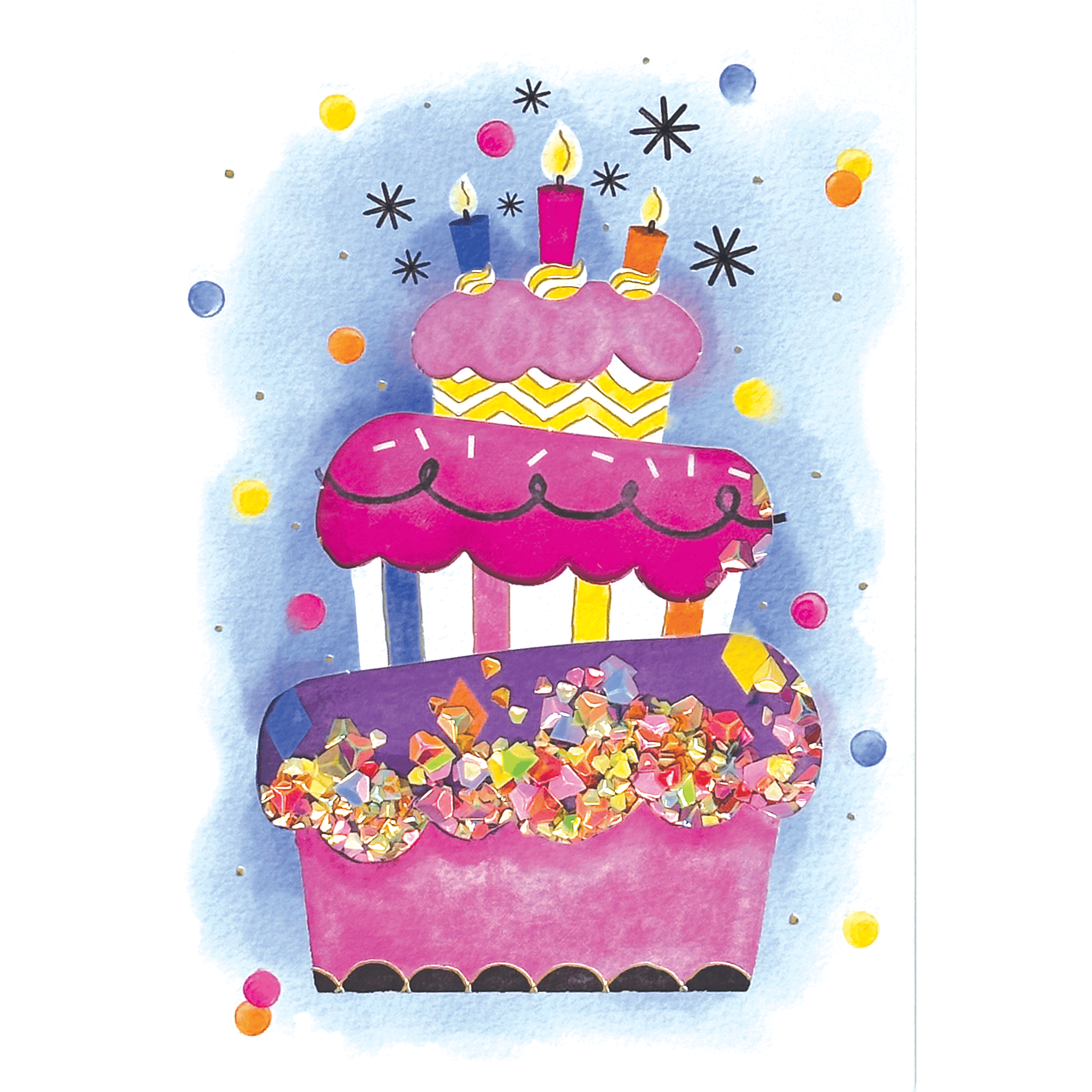 Colorful festive cake birthday card from Cardmore with cheerful confetti design, perfect for celebrating special occasions.
